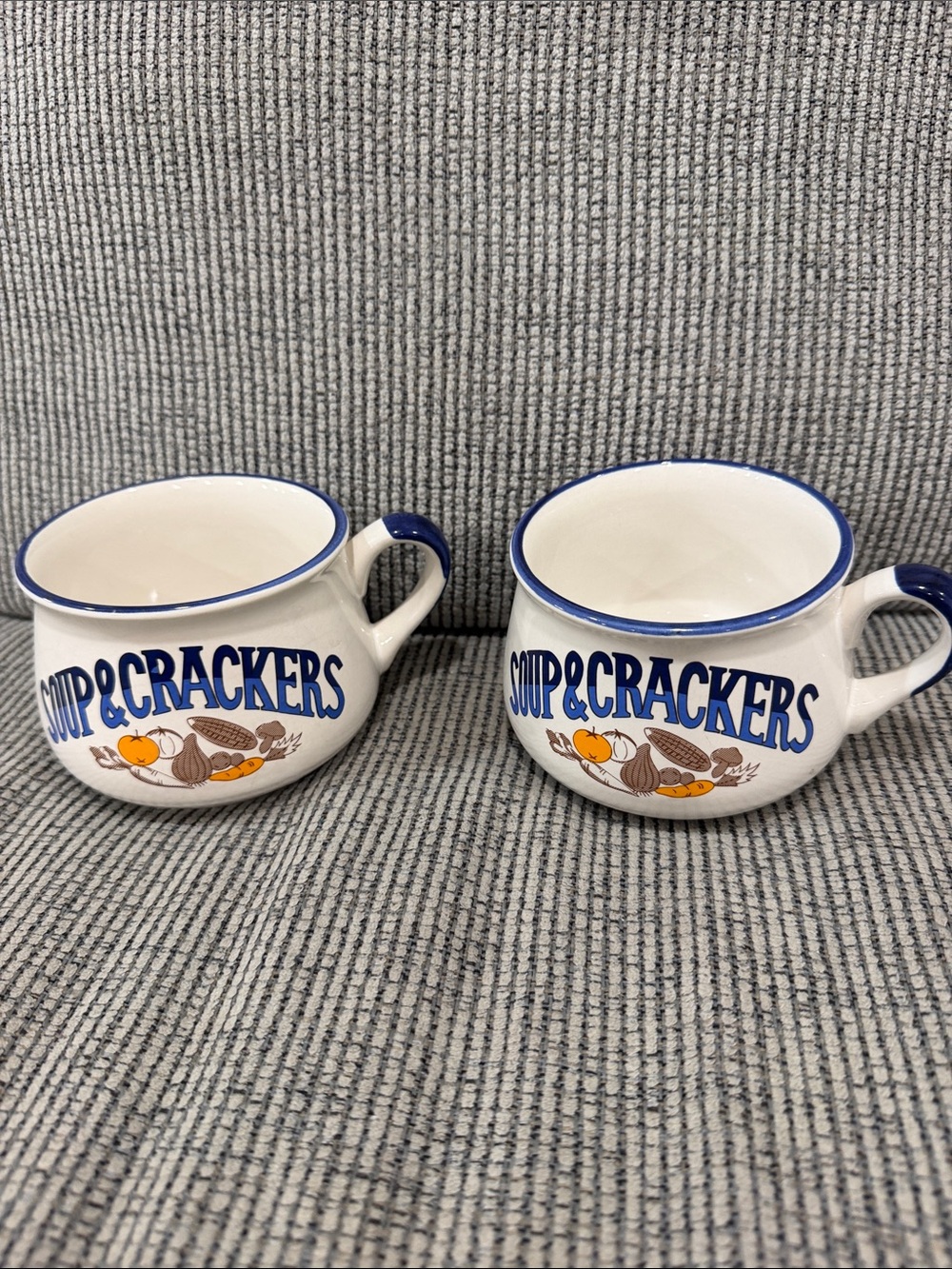 Vintage Blue Trim 'Soup & Crackers' Ceramic Soup Mug - White and Blue set of 2